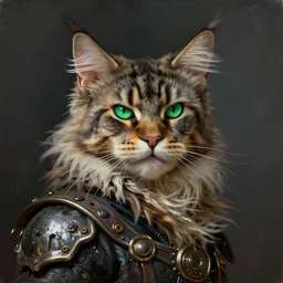 An epic fantastic realism comic book style portrait painting of steampunk swashbuckling Maine Coon cat with piercing green cyber eyes, Apex Legends Concept Art, unreal 5, DAZ, hyperrealistic, octane render, RPG portrait, dynamic lighting, Rembrandt oil