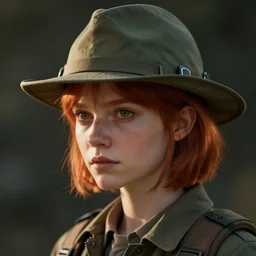 A short girl with red hair, wearing a park ranger hat, dramatic lighting, cinematic, establishing shot, extremely high detail, foto realistic, cinematic lighting, post processed, concept art, high details, cinematic, 8k resolution, beautiful detailed, photorealistic, digital painting, artstation, concept art, smooth, sharp focus, artstation trending, octane render, unreal engine