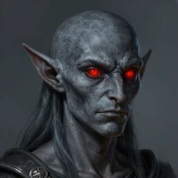 portrait painting of a gray dark elf with red glowing eyes, artstation, nvidia, vray