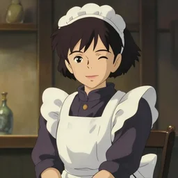 a film still portrait of a winking maid, medium shot, finely detailed features, cinematic lighting, anime key visual, trending on pixiv fanbox, painted by makoto shinkai, studio ghibli, greg rutkowski, wlop