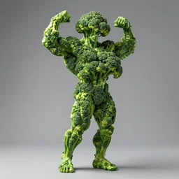 Sculpture of a bodybuilder made entirely from fresh broccoli, by Antoni Gaudi, studio lighting