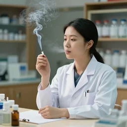 a pharmacist smoking, smoke in the air