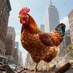 A giant chicken destroying manhattan
