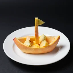 beautiful photo a boat made of fruit pieces on a white plate, dslr