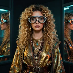 vertical portrait of ancient jew female with space glasses, dark blonde, curly hair, symmetrical beautiful face, cyberpunk, native costume, standing in the dark room, under neon, highly detailed, detailed eyes, high quality, fashion editorial photography, hyperrealistic, from vogue magazine, reflections, refraction, gold, teal, orange