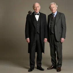 older fantasy butler that looks similar to michael kane and patrick stewart, full body portrait, handsome, 4 k, detailed, photo realistic, balding, well dressed, pet rat on shoulder