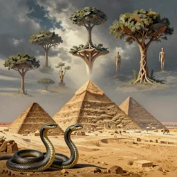 a drawing of snakes, pyramids, geometric shapes, humanoid figures, trees transforming into each other
