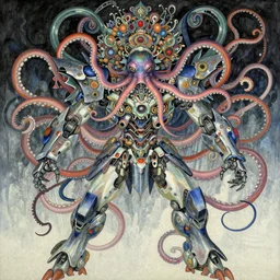 asura from chinese myth, ghost, mecha, wearing a colourful octopus and flows as a hat, a incredible symmetrical concept design, gorgeous and huge head ornaments, a dreamland of chinese ukiyo - e, 4 k post processing, fascinating, dire, terrifying, frantic, mind - bending, painted by edgar maxence, edward hopper, wayne barlowe and james gilleard, airbrush, art by jamesjean