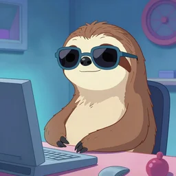cool sloth with sunglasses, 1 9 8 0's computer animated synthwave style