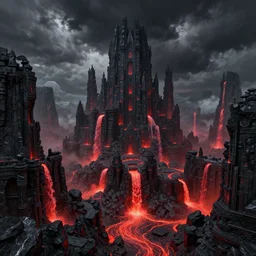 beautiful fantasy city made from black stone and red iron, medieval city, metropolis, waterfalls of lava, dark gorgeous clouds, black marble, lava, digital art, landscape, fantasy art, octane render, unreal engine, high detail, very realistic, by greg rutkowski. by james gurney