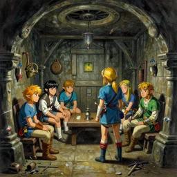 an airbrush depiction of a dungeon room in the legend of zelda ( 1 9 8 6 ), by george bellows, by lindsay pickett, by hiroo isono, by ralph bakshi, death stranding aesthetic