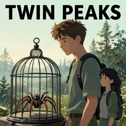 Twin Peaks poster artwork by Michael Whelan and Tomer Hanuka, Karol Bak, Rendering of Leo with a cage of tarantulas, from scene from Twin Peaks, clean, full of details, by Makoto Shinkai and thomas kinkade, Matte painting, trending on artstation and unreal engine