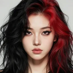 a realistic illustration portrait of a beautiful cute girl with wavy black and red hair, a pointy nose and, round chin black eyeliner, trending on artstation, dynamic, asymmetrical, hyper - realistic lighting, intricate, ross tran, realistic hair