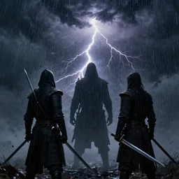 two warriors holding swords standing looking up at a villain silhouette thunder lighting storm heavy rain dark clouds