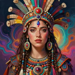 portrait of emma stone, hyper detailed ultra sharp aztec shaman warrior. trending on artstation, warpaint aesthetic, bloodwave, colorful, psychedelic, ornate, intricate, digital painting, concept art, smooth, sharp focus, illustration, art by artgerm and greg rutkowski and h. r. giger, 8 k