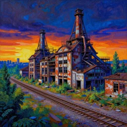a beautiful very detailed painting of building industrial architecture railway urbex abandoned architecture city nature by caspar david friedrich, thermal imaging landscape magic realism made of glass sunset nature thermal vision forest cosmic universe biopunk, archdaily, wallpaper, highly detailed, trending on artstation.