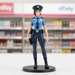 Image on the store website, eBay, 80mm Resin figure model of a female cop in blue uniform with pistol.