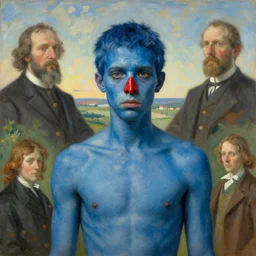 a portrait of a blue-skinned normal androgynous male character whose skin is blue, nose of Red Skull, in a scenic environment by Ross Tran and by Jesper Ejsing and by Mikalojus Konstantinas Ciurlionis