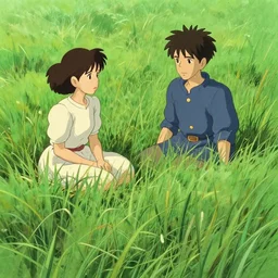grass, girls, in the style of studio ghibli, j. c. leyendecker, greg rutkowski, artgerm