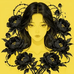 beautiful yellow woman, symmetrical portrait, realistic, black peonies, tangled vines, rich details, by wlop and amano yoshitaka