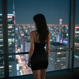 back of young woman wearing a stylish black minidress looking through a penthouse window at a panoramic view of a cyberpunk city at night, bokeh lights, anime, ilya kuvshinov, guweiz, artstation trending, concept art, digital painting, cinematic, extreme detail, expansive