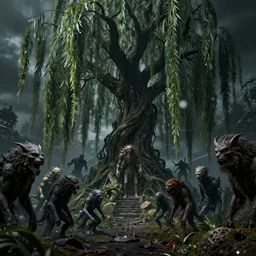 the underworld, or the great willow, was a place of a mid - size and great terror filled with a wide range of beings, including spirits, the undead, humanoids and savage guardians., close up bokeh hiperrealistic, high detailled, darkness dramatic, sharp focus, octane render, imax