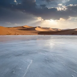 an oasis in the sahara desert frozen and covered in ice and snow