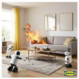IKEA catalogue photo of a living room, robots are tearing it apart, fire, flood, mirrors,