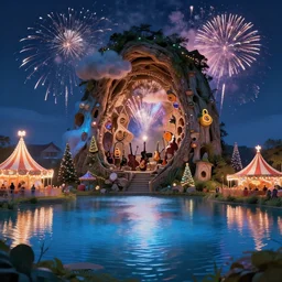closeup of a night carnival around a magical in a summer storm, tree cavity with a music scenario with many fireworks and christmas lights, next to a lake with iridiscent lake water, volumetric lightning, folklore people disguised with fantastic creatures in a magical forest by summer night, masterpiece painted by alphonse mucha, greg hildebrandt, and mark brooks, gilded details, art nouveau, ornate medieval details, dark night environment