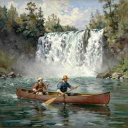 Canoe Manned by Voyageurs Passing a Waterfall, oil on canvas by Frances Anne Hopkins, 1869; in Library and Archives Canada