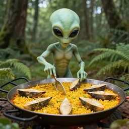 real pictures of an alien making paella in the woods