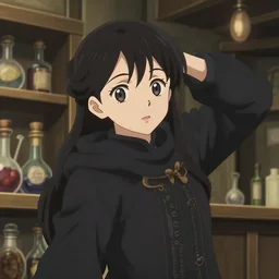 anime frames, anime visual, portrait of a young female traveler wearing an ornate black robe in a alchemist's potion shop interior looking, cute face by ilya kuvshinov and yoh yoshinari, dynamic perspective pose, anime cels, rounded eyes, smooth facial features, fantasy