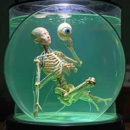 a human without skin floating in a circular glass tank, nerves caress the bones of the being, one eye, suspended, green liquid, attached to tubes and cables, hyper real, canon 5 d