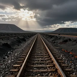 Railway tracks in the volcanic barren landscape of Mordor