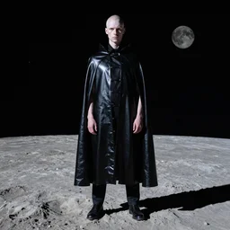 a pale white man in a black latex acronym cape, in the style of john harris and ashley wood, standing on the moon