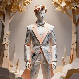 sculpture of a handsome young male super model resembling zayn malik made out of origami paper and ceramic wearing a peach tissue paper and silver geometric tuxedo by marc jacobs, paper graffiti, trees made out of origami, ethereal, fantasy, lawrence alma tadema, james jean, oozium, peter morbacher, angelarium, alchemy, luxury, heavenly light, soft illumination, cinematic lighting, very detailed, 3 d octane render, artgerm, trending on artstation, cgi society