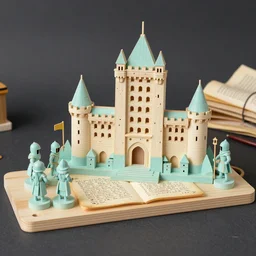 r 2 d 2 wooden, enoq warriors, wooden board, manuscript, chateau, nordic pastel colors, perfect lightning