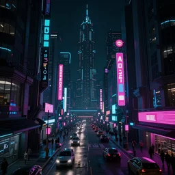 A magnificent dark neon futuristic cyberpunk city bustling street at night made in cinema4d, hyper realistic, extreme details, cinematic  | 8k video | Aesthetics of bladerunner