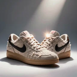shoes made with a lot of cloth designed by nike and tom sachs. hyperrealistic volumetric light render. bloom and glare. soft light. dramatic composition, dramatic lighting, sharp focus, 8 k.