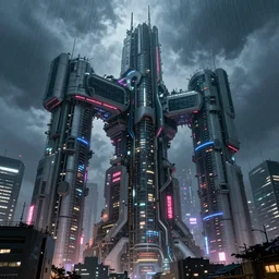 mega structures in an Akira inspired futuristic Tokyo. Photoreal. Neon lights and light rain.