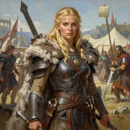 A mixed media painting of a blonde barbarian woman or man, very aesthetic, fur armor, detailed face and eyes, by Frank Frazetta, Greg Rutkowski, Beeple, Yoko Taro, Christian MacNevin, epic fantasy character art, viking runes, high fantasy, CGsociety, full length, exquisite detail, post-processing, masterpiece, cinematic, roman festival backdrop