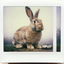 real rabbit!!! giant oversized real rabbit, in legnica, full body, in background : tiny min undersized fiat 1 2 6 p, cinematic focus, polaroid photo, vintage, neutral dull colors, soft lights, foggy mist, by oleg oprisco, by thomas peschak, by discovery channel, by victor enrich, by gregory crewdson