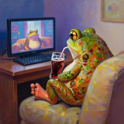 hyper realistic oil painting of toad watching pc movie drink coke and chill on the couch, vibrant colors, high contrast, by greg rutkowski, trending on artstation