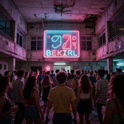 a rave party at an abandoned hospital, film still from the movie directed by wes anderson with art direction by zdzisław beksinski, wide lens, neon lights,