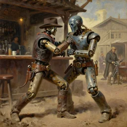 oil painting of old rugged robot bounty hunter in a bar fight in dusty wild west town, art by anders zorn, wonderful masterpiece by greg rutkowski, beautiful cinematic light, american romanticism by greg manchess, jessica rossier