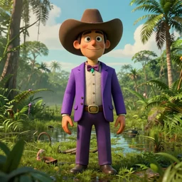 snake oil saleman in a huge cowboy hat and purple suit in a swampy jungle landscape, visible sky and humid atmosphere, weekend in formosa by denis villeneuve, grant wood, henri rousseau, kodakchrome, cinematic composition, practical effects, 8 k, trippy film from 2 0 1 9, 3 d rendering