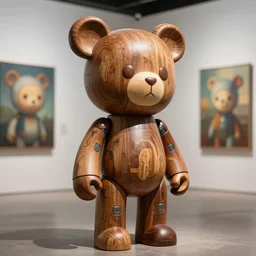 8 k octane render sculpture photorealistic beautiful character wooden design, art toys collectible figurine, mascot very cute bear robot cyberpunk, contemporary art gallery in background concept art cgsociety by gustave dore ron english