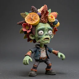 portrait of a zombie punk, head made of fruit and flowers in the style of arcimboldo, photorealistic, dynamic lighting, action figure, clay sculpture, claymation