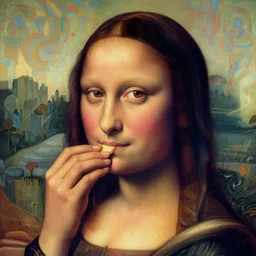 tan latina woman, landscape, entering third dimension, eating third eye, prominent rosy cheek bones, black hair and brown eyes, psychedelic di vinci art style,