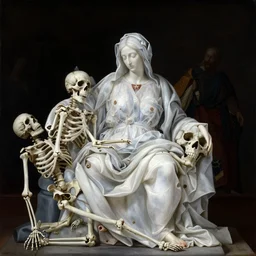 highly detailed 8 k la pieta medium shot painting of catholic veilded transparent lady beside rotting skeleton still life, lawrence alma - tadema, slime, artstation, special effects makeup, 1 9 th, maximalist, masterpiece, glittering, gold, ivory, hyperreal, golden ratio, alphonse mucha, mythological